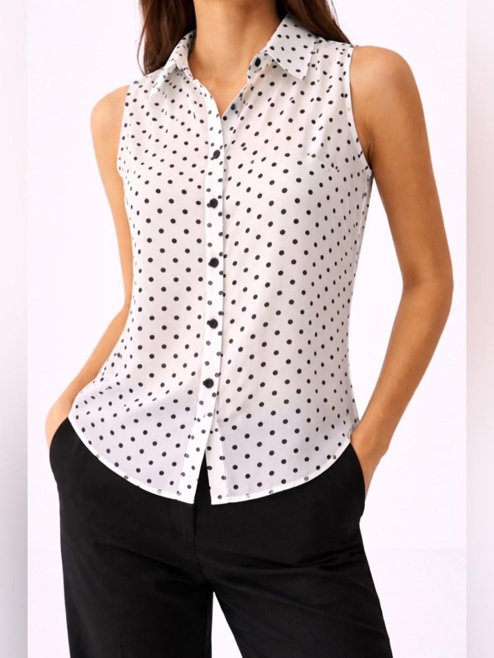 Worthington Petite White Black Polka Dot Sleeveless Sheer Button Front Blouse PL